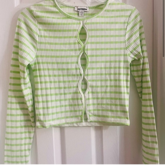 Topshop Ribbed Long Sleeve Cut Out Top Small Green Stripes Stretchy NWOT - Picture 2 of 11